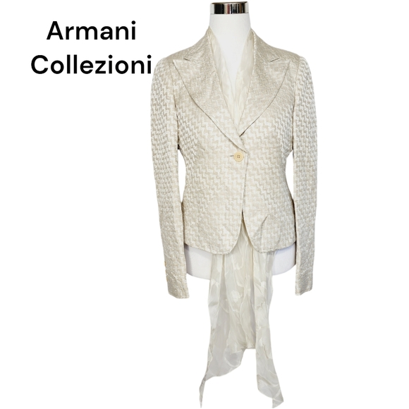 Armani Collezioni Sz 8 Single Button Chevron Blazer Jacket Build-in Scarf.